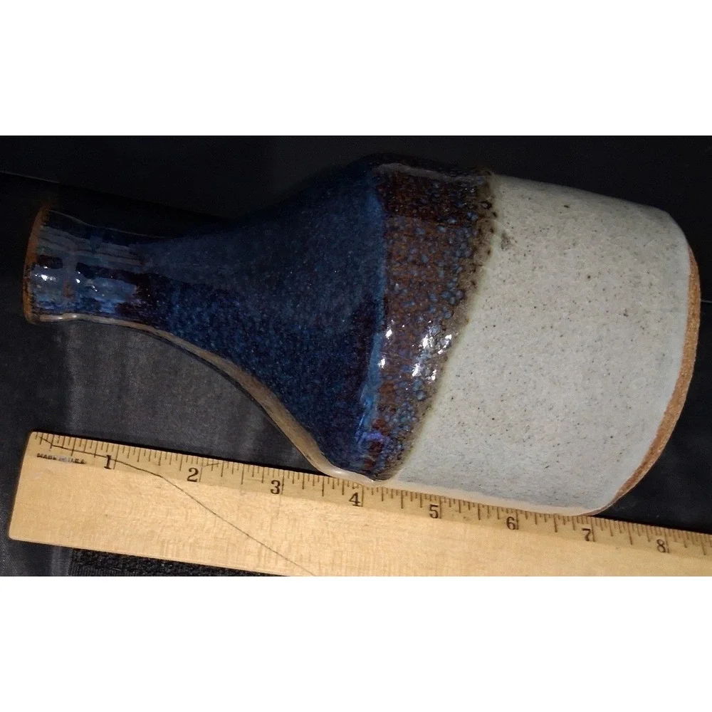 Signed Studio Pottery Vase Blue Beige Two Tone Glazed Bottle 7 Inch